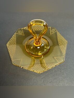 Duncan Mille Tidbit Tray, Depression Glass Lattice Floral Cutting - Amber Glass